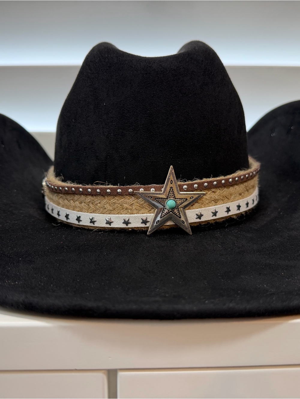 Black Western Hat with Star Concho and Turquoise Accent - Picture 2 of 5